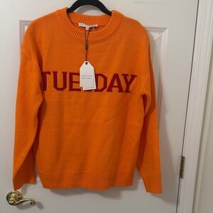 English Factory Orange Sweater with Red 'Tuesday' Day of the Week Medium M NWT